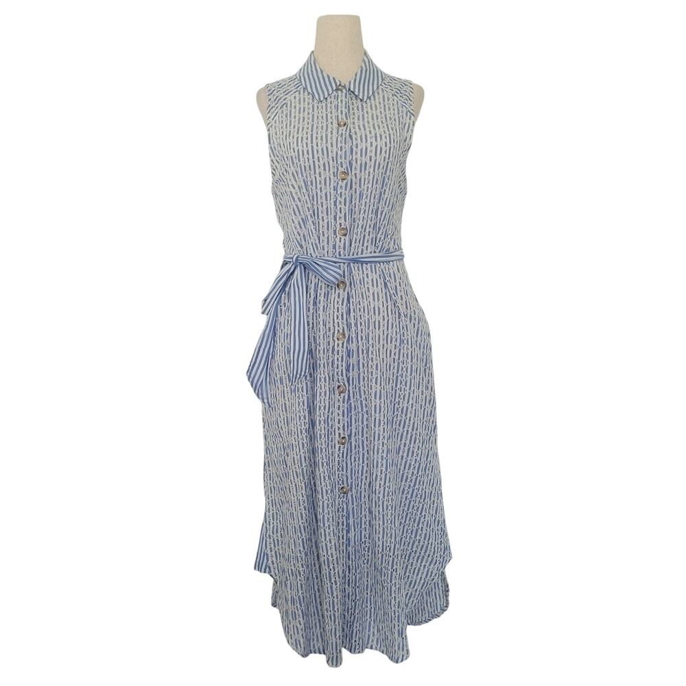 Anthropologie Kismet Blue and White Striped Sleeveless Midi Shirt Dress